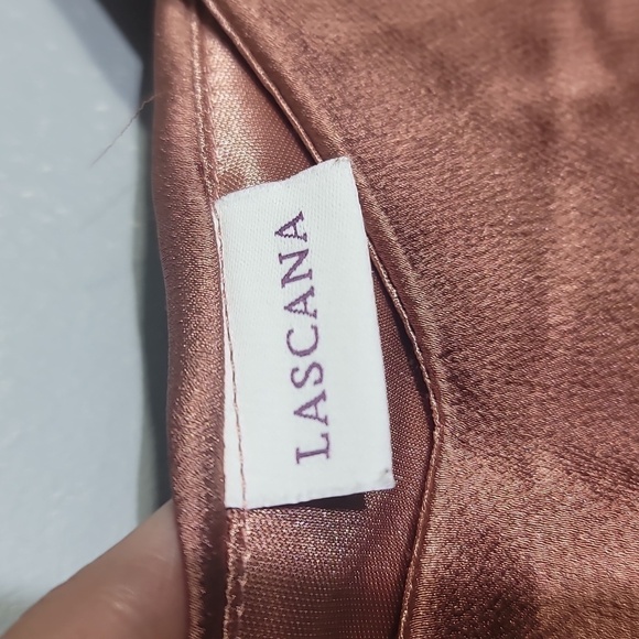 LASCANA Romantic Satin Tie Waist Ruffle Hem Powder Blush Peach Satin Dress - Picture 7 of 11